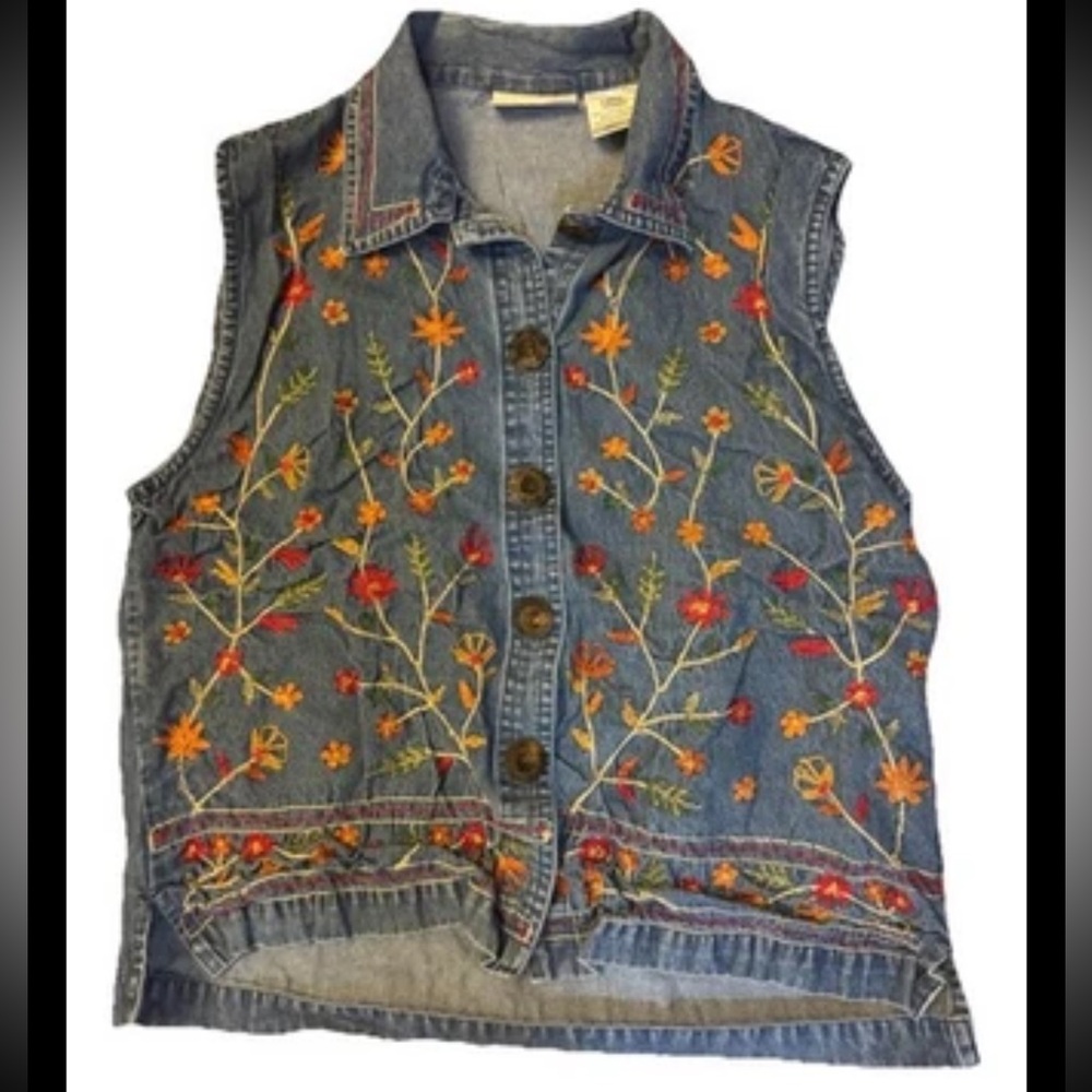 Vintage Units Embroidered Denim Vest with Floral Design